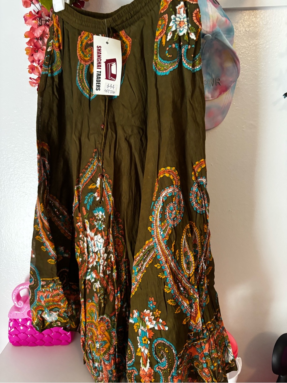 Bohemian Olive Green Paisley Maxi Skirt with Embroidered Accents